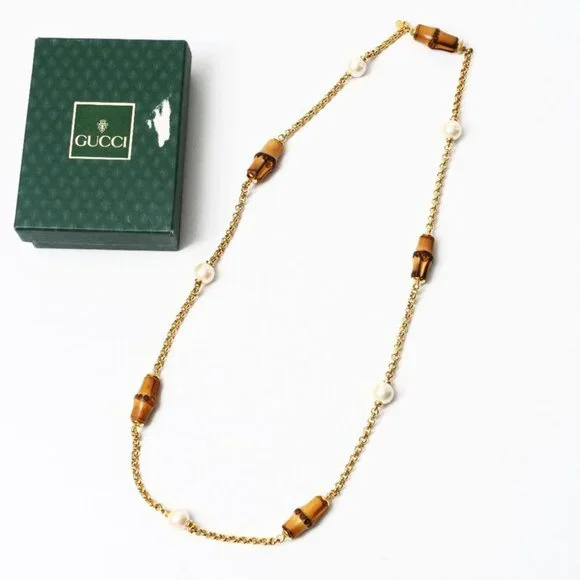 Gucci Vintage Necklace Bamboo Pearl Gold Ra4329 - Picture 2 of 6